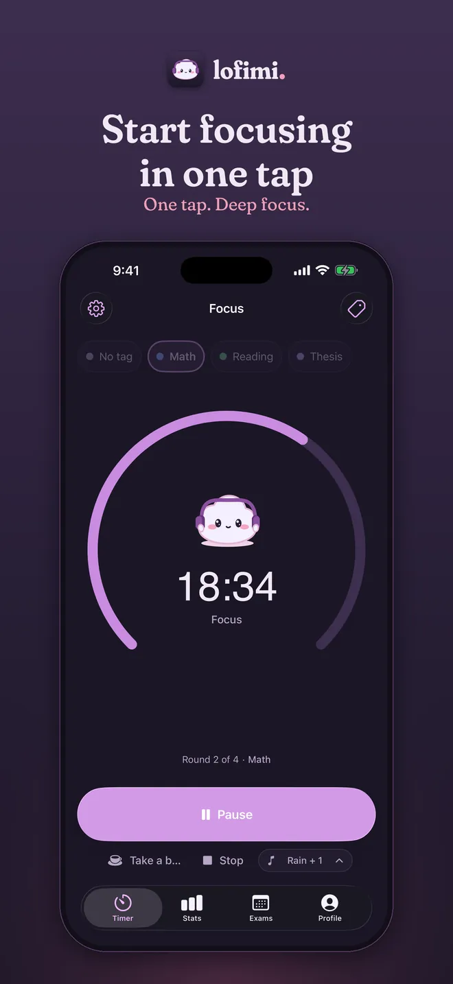 Lofimi timer screen: a focus session for Math with 18:34 left, round 2 of 4, and a Pause button.